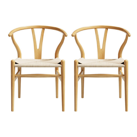 1 Set of 2 Artiss Dining Chairs Wooden Rattan Seat Wishbone Back Chez Guru