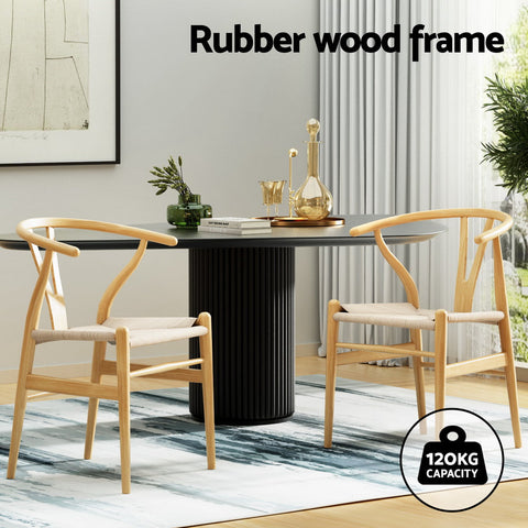 1 Set of 2 Artiss Dining Chairs Wooden Rattan Seat Wishbone Back Chez Guru