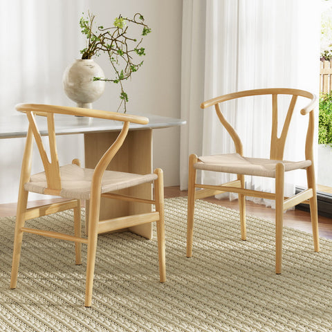 1 Set of 2 Artiss Dining Chairs Wooden Rattan Seat Wishbone Back Chez Guru