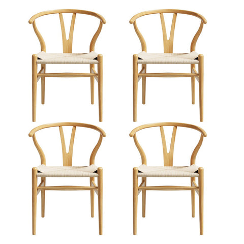 1 Set of 4 Artiss Dining Chairs Wooden Rattan Seat Wishbone Back Chez Guru
