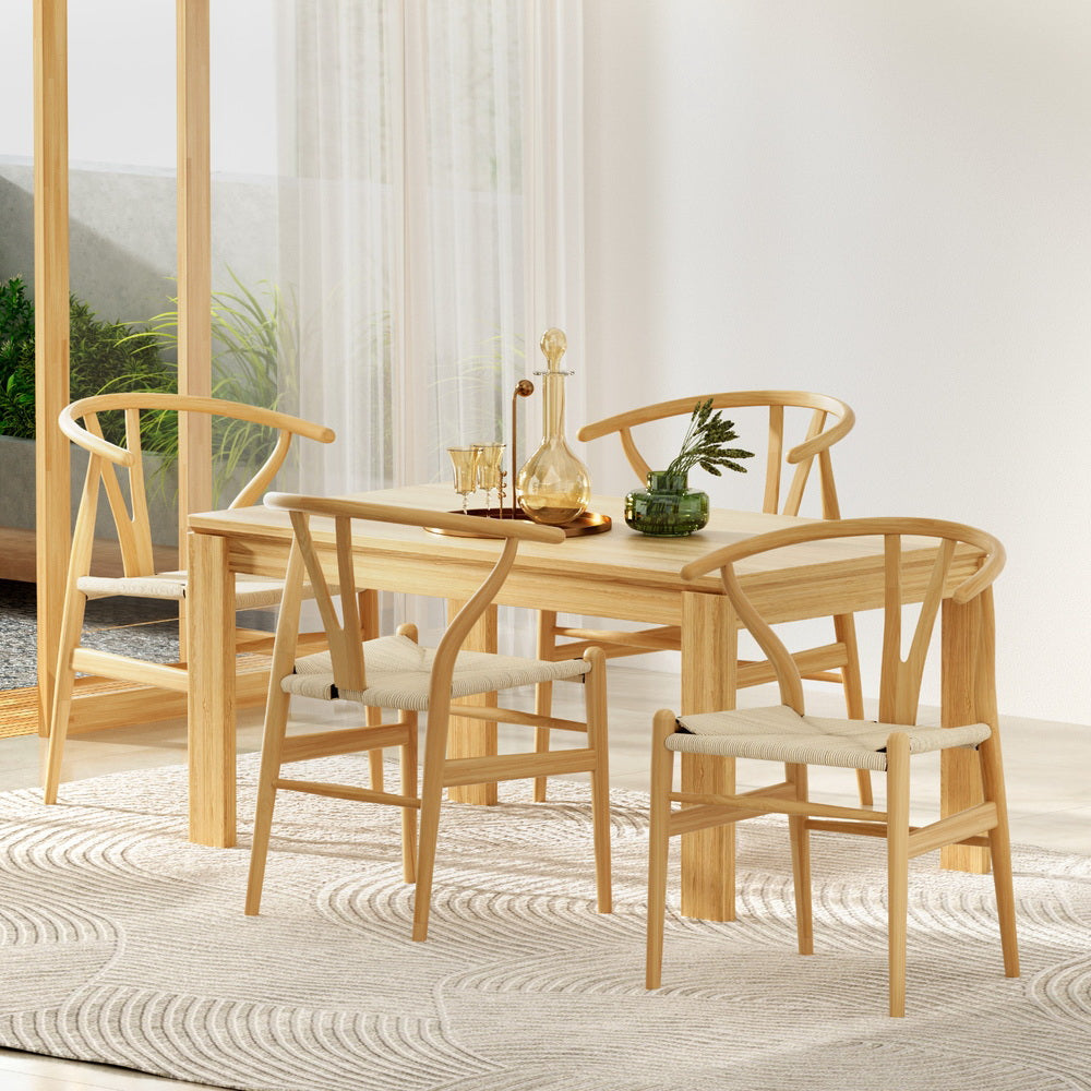 1 Set of 4 Artiss Dining Chairs Wooden Rattan Seat Wishbone Back Chez Guru