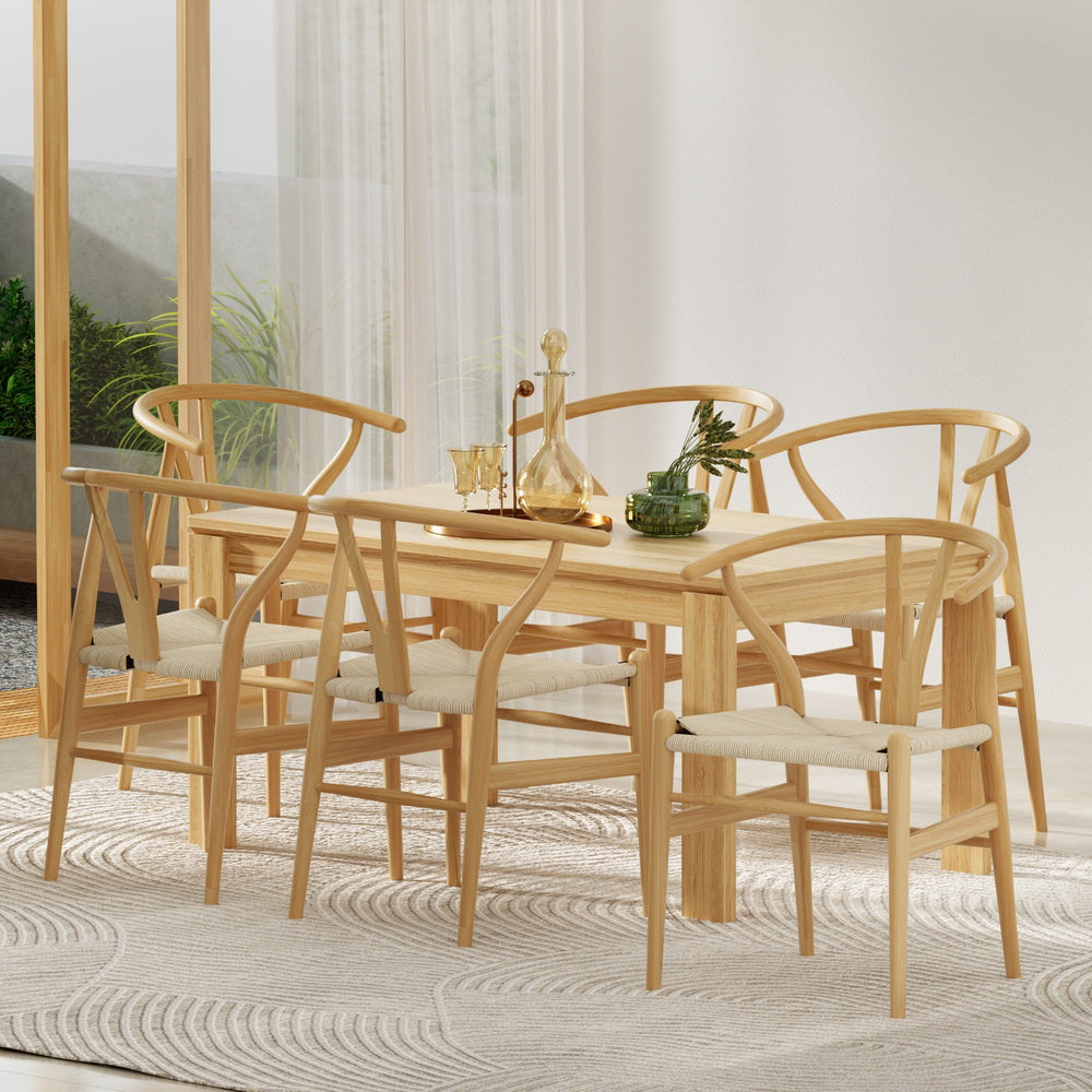 1 Set of 6 Artiss Dining Chairs Wooden Rattan Seat Wishbone Back Chez Guru