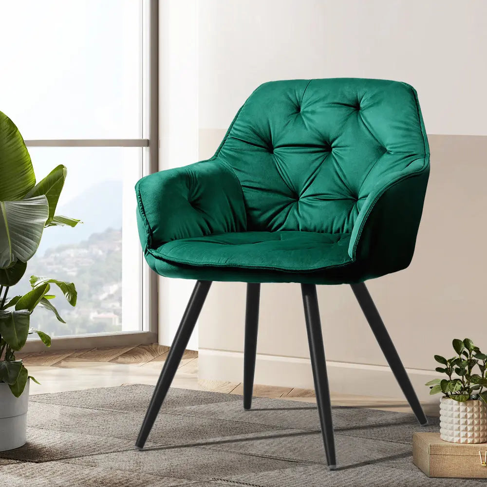 Artiss Dining Chairs Set of 2 Velvet Diamond Tufted Armchair Green Chez Guru