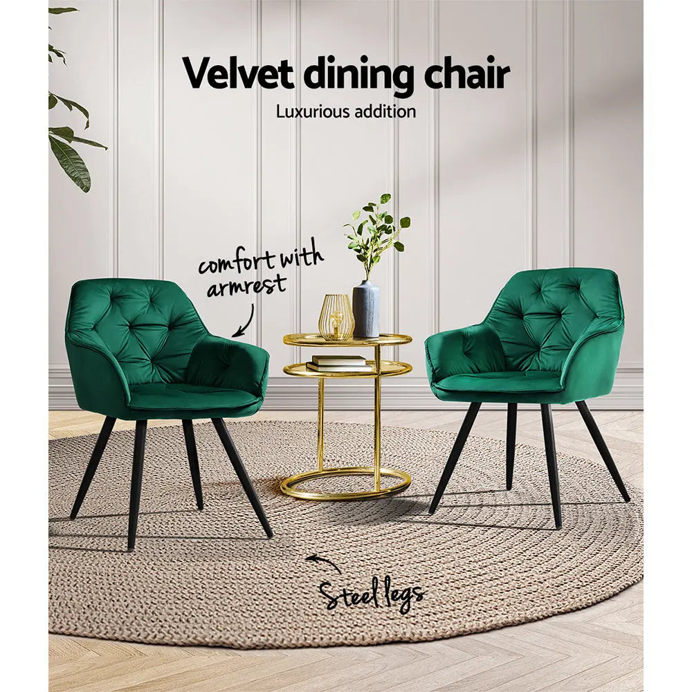 Artiss Dining Chairs Set of 2 Velvet Diamond Tufted Armchair Green Chez Guru