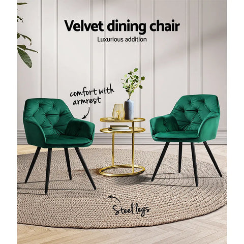 Artiss Dining Chairs Set of 2 Velvet Diamond Tufted Armchair Green Chez Guru