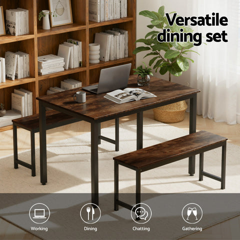 Artiss Dining Table and Chairs Set 3PCS Kitchen Metal Desk Bench Dark Walnut