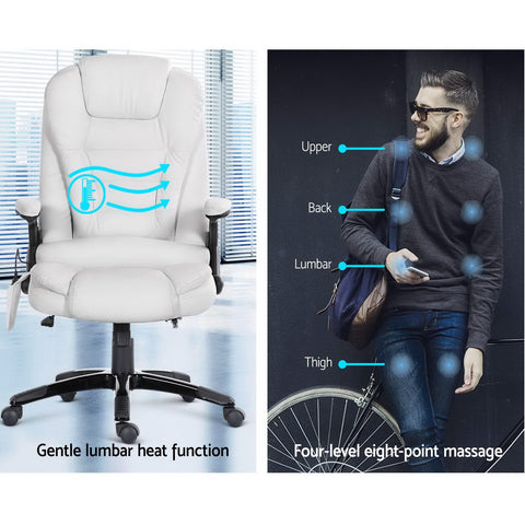 Artiss 8 Point Massage Office Chair Heated Seat Recliner PU White Chez Guru