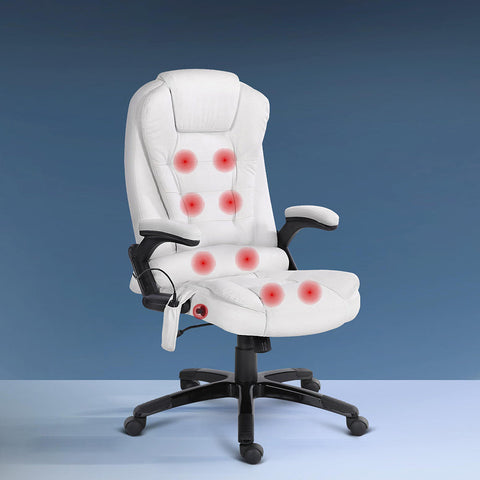 Artiss 8 Point Massage Office Chair Heated Seat Recliner PU White Chez Guru