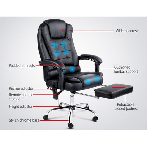 Artiss 8 Point Massage Office Chair PU Leather Footrest Black Chez Guru