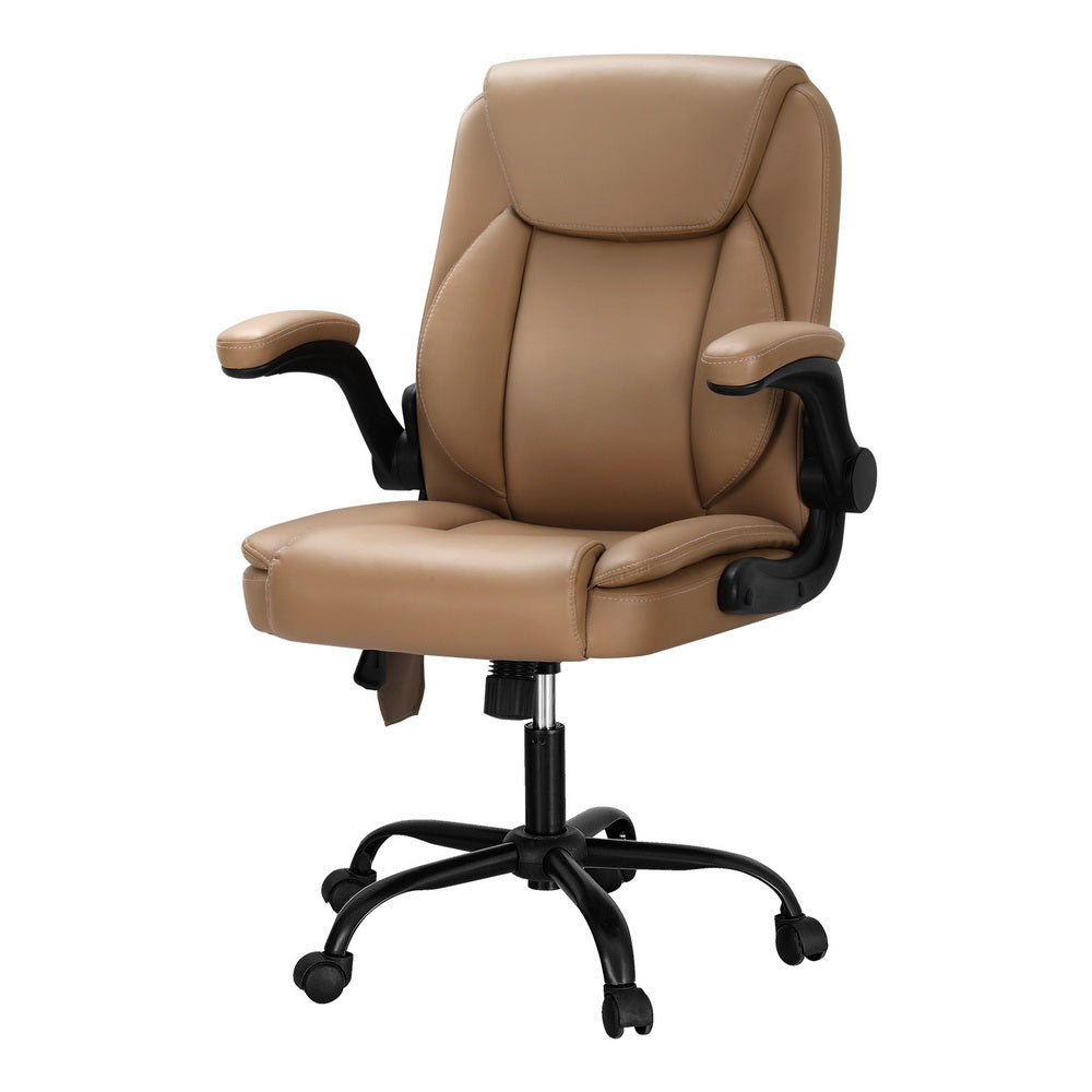 Artiss 2 Point Massage Office Chair Leather Mid Back Brown Chez Guru