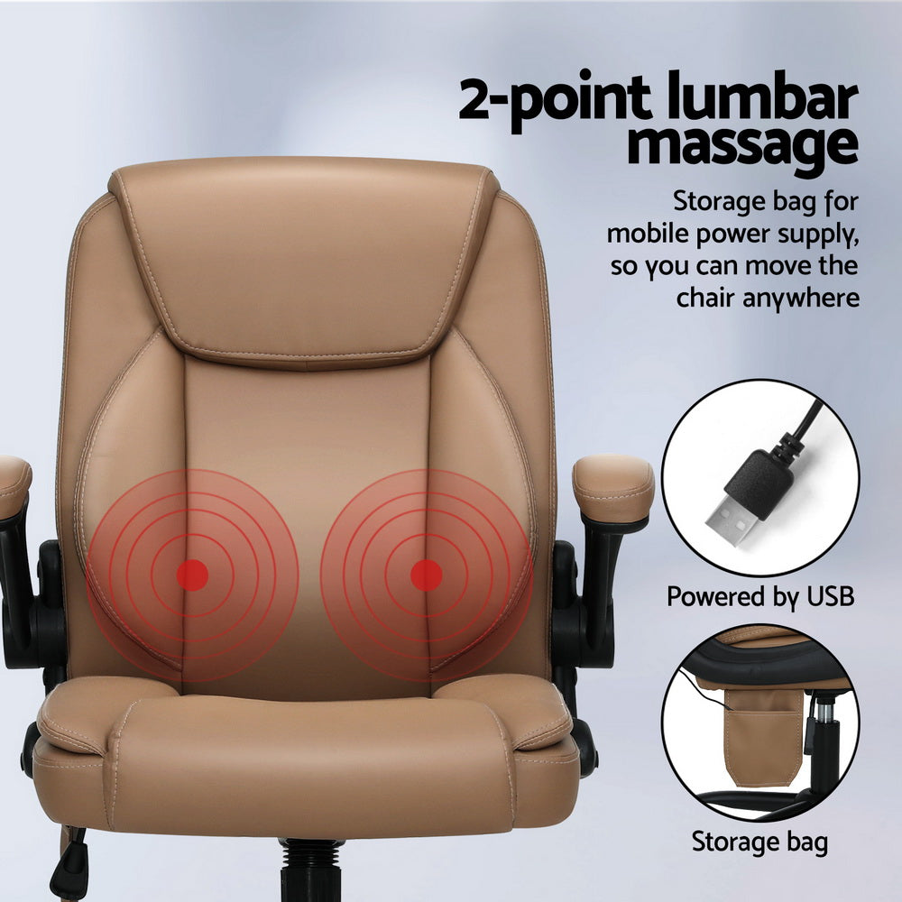 Artiss 2 Point Massage Office Chair Leather Mid Back Brown Chez Guru