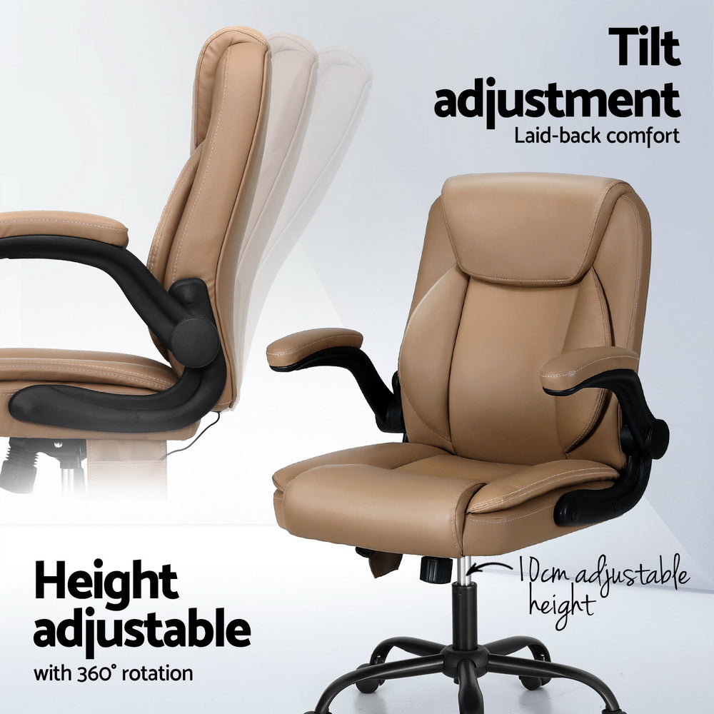 Artiss 2 Point Massage Office Chair Leather Mid Back Brown Chez Guru