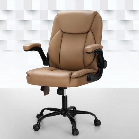 Artiss 2 Point Massage Office Chair Leather Mid Back Brown Chez Guru