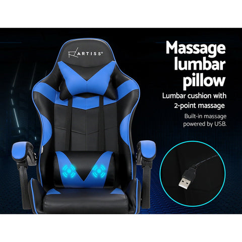 Artiss 2 Point Massage Gaming Office Chair Footrest Blue Chez Guru