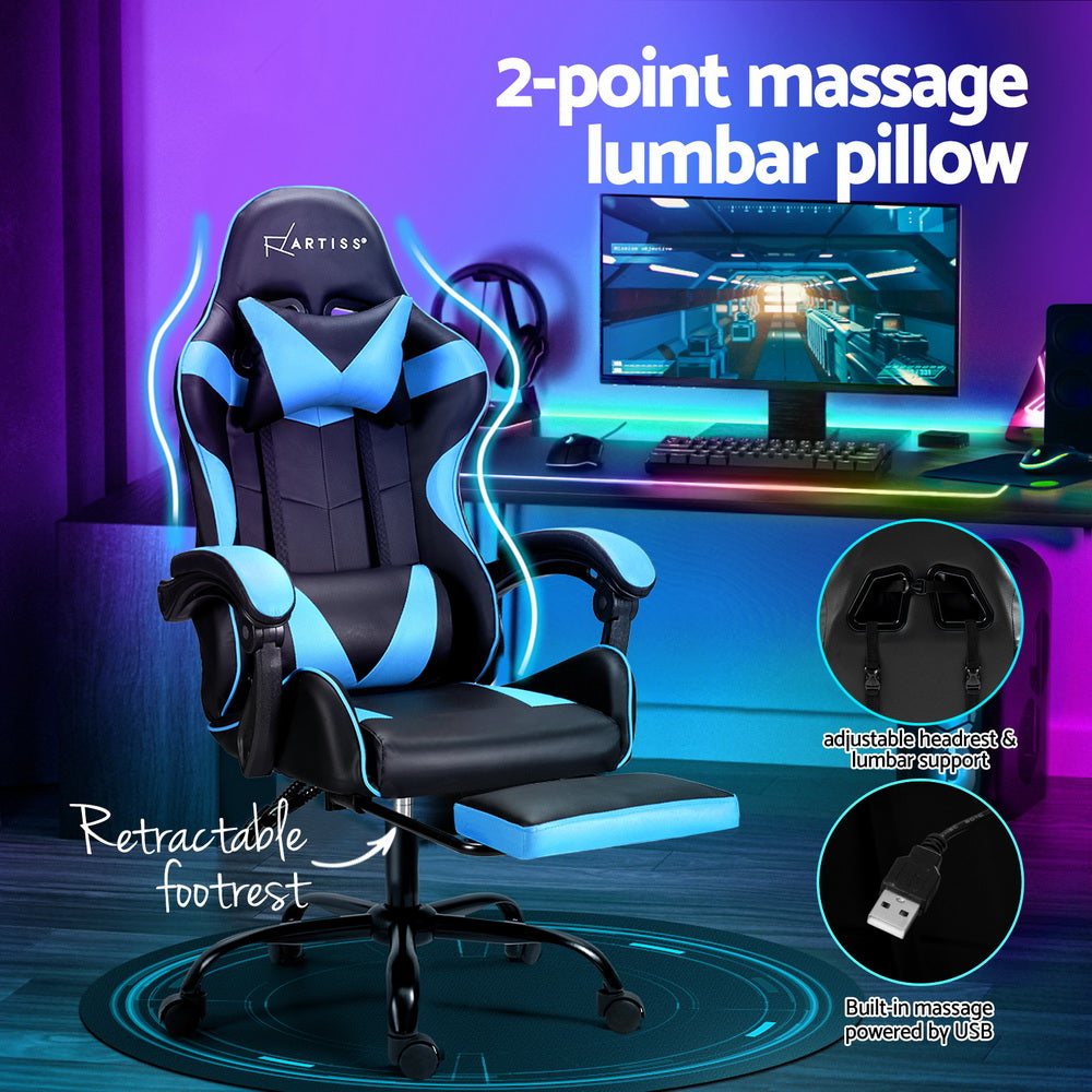 Artiss 2 Point Massage Gaming Office Chair Footrest Cyan Blue Chez Guru