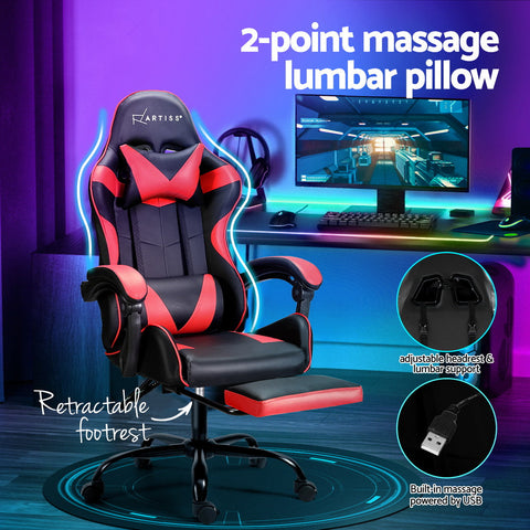 Artiss 2 Point Massage Gaming Office Chair Footrest Red Chez Guru