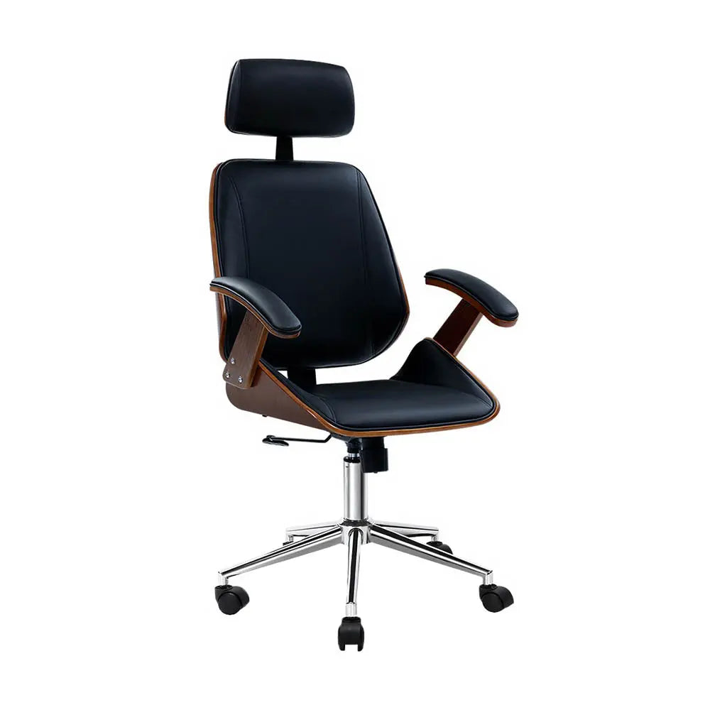 Artiss Wooden Office Chair Leather Seat Black Chez Guru