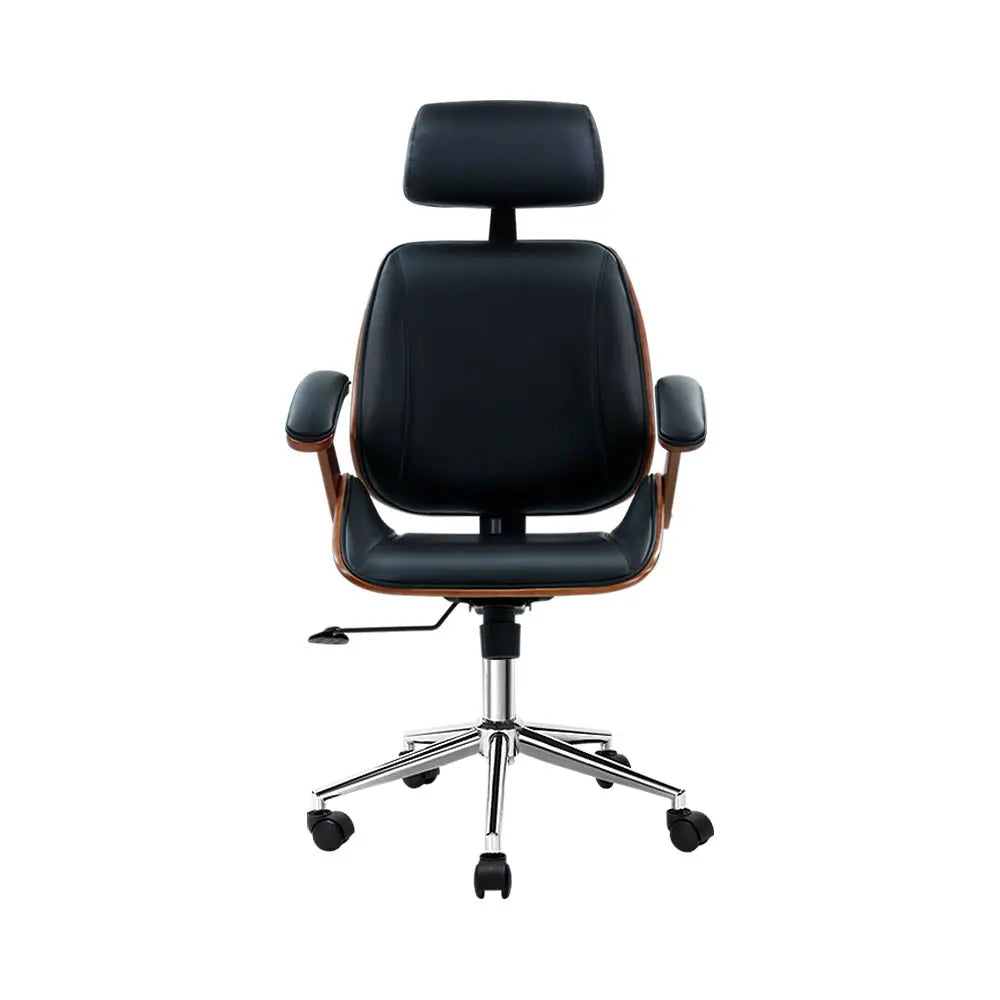Artiss Wooden Office Chair Leather Seat Black Chez Guru