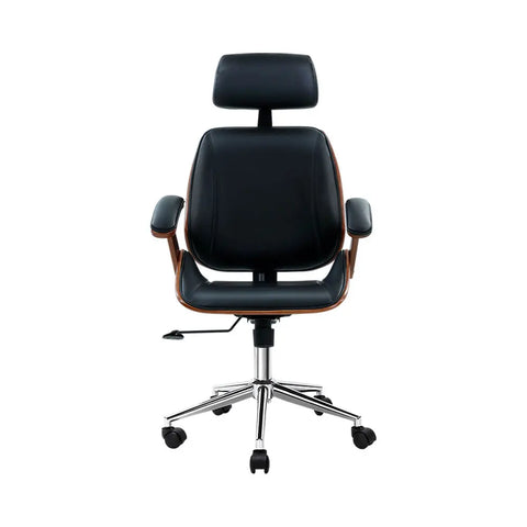 Artiss Wooden Office Chair Leather Seat Black Chez Guru