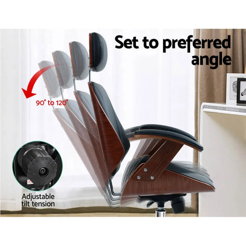 Artiss Wooden Office Chair Leather Seat Black Chez Guru