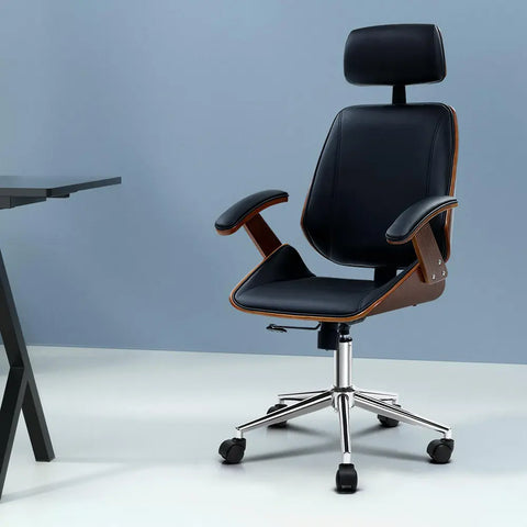 Artiss Wooden Office Chair Leather Seat Black Chez Guru