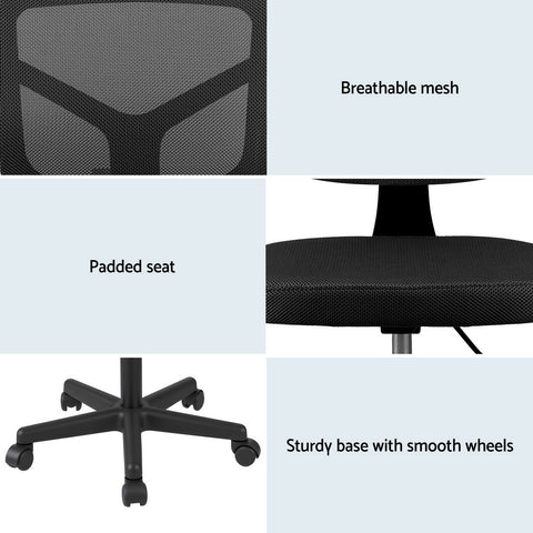 Artiss Armless Office Chair with Wheels, Ergonomic 360° Swivel Home Office Desk Chair, Height Adjustable Computer Task Chair with Fabric Back and Seat for Small Space, Black