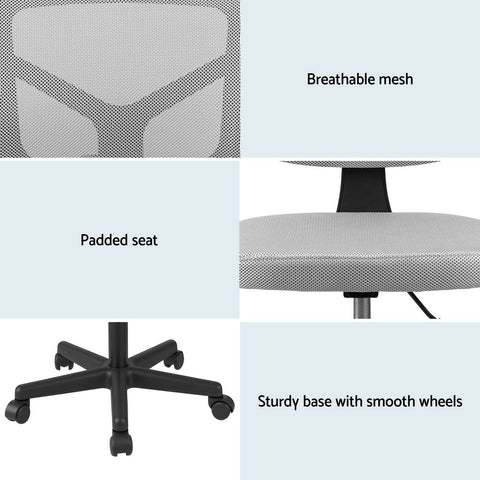 Artiss Armless Office Chair with Wheels, Ergonomic 360° Swivel Home Office Desk Chair, Height Adjustable Computer Task Chair with Fabric Back and Seat for Small Space, Grey