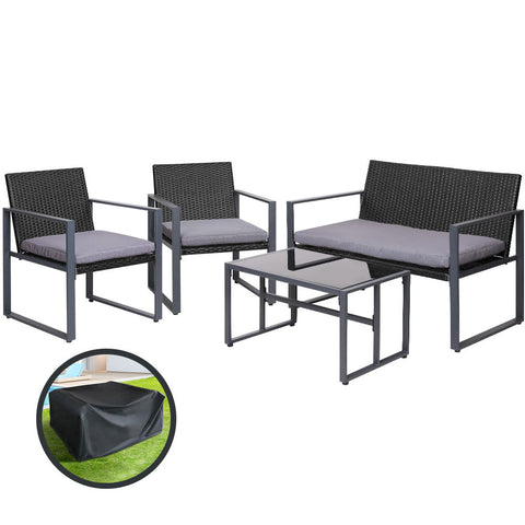 Gardeon 4 PCS Outdoor Sofa Set Rattan Furniture with Storage Cover Chairs Black Chez Guru