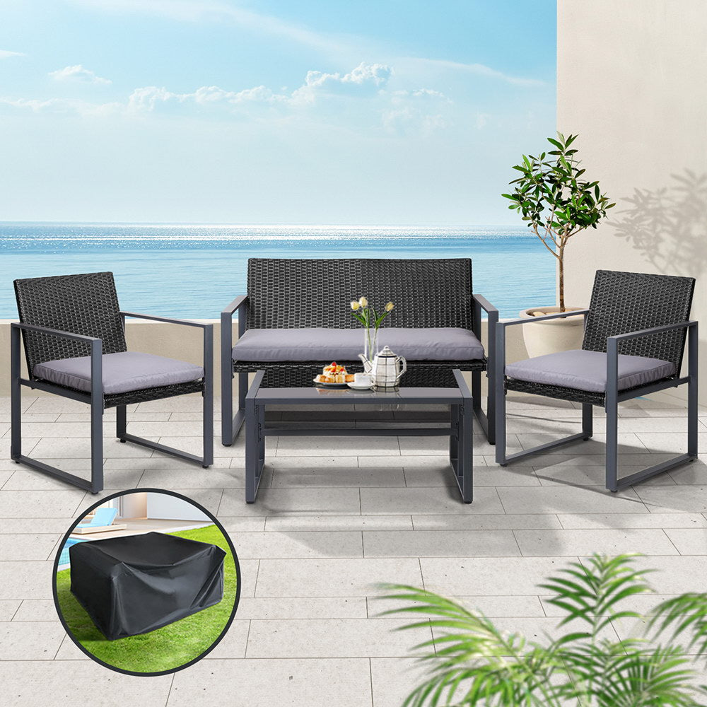 Gardeon 4 PCS Outdoor Sofa Set Rattan Furniture with Storage Cover Chairs Black Chez Guru