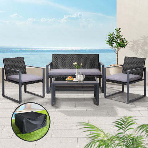 Gardeon 4 PCS Outdoor Sofa Set Rattan Furniture with Storage Cover Chairs Black Chez Guru