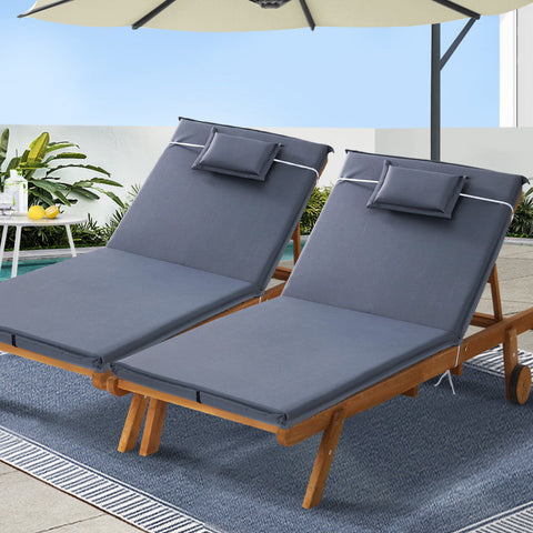 Gardeon 2x Sun Lounge Wooden Lounger Outdoor Furniture Day Bed Wheel Patio Grey Chez Guru