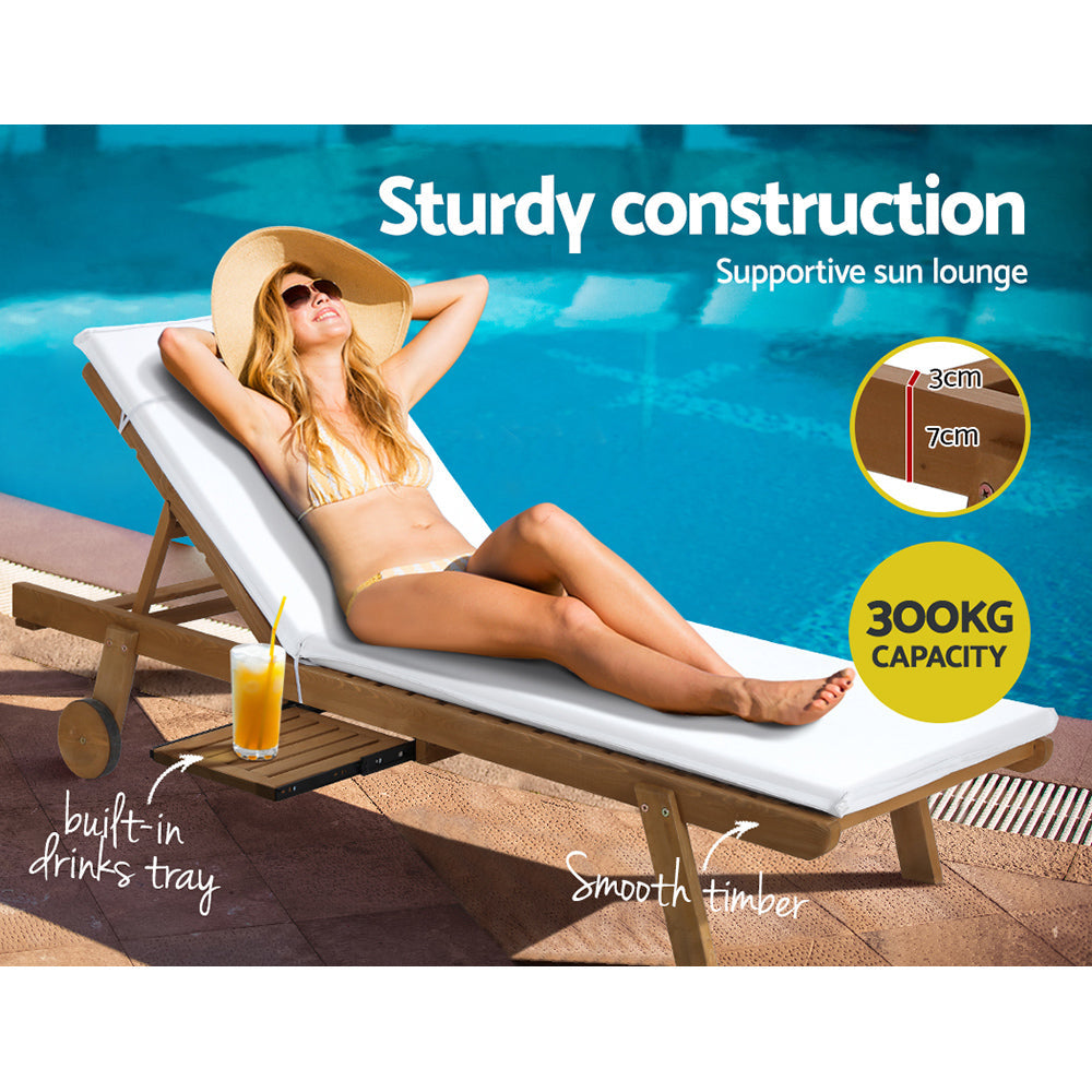 Gardeon 2x Sun Lounge Wooden Lounger Outdoor Furniture Day Bed Wheel Patio White Chez Guru