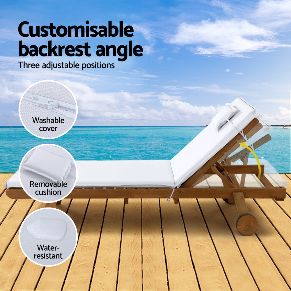 Gardeon 2x Sun Lounge Wooden Lounger Outdoor Furniture Day Bed Wheel Patio White Chez Guru