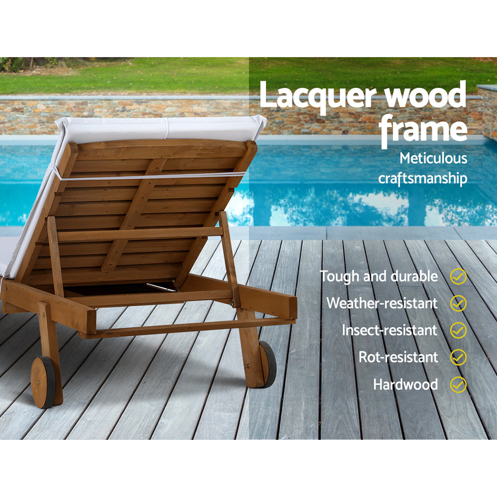 Gardeon 2x Sun Lounge Wooden Lounger Outdoor Furniture Day Bed Wheel Patio White Chez Guru