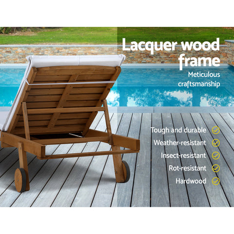Gardeon 2x Sun Lounge Wooden Lounger Outdoor Furniture Day Bed Wheel Patio White Chez Guru