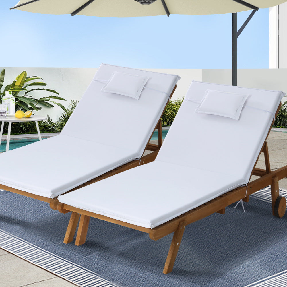 Gardeon 2x Sun Lounge Wooden Lounger Outdoor Furniture Day Bed Wheel Patio White Chez Guru