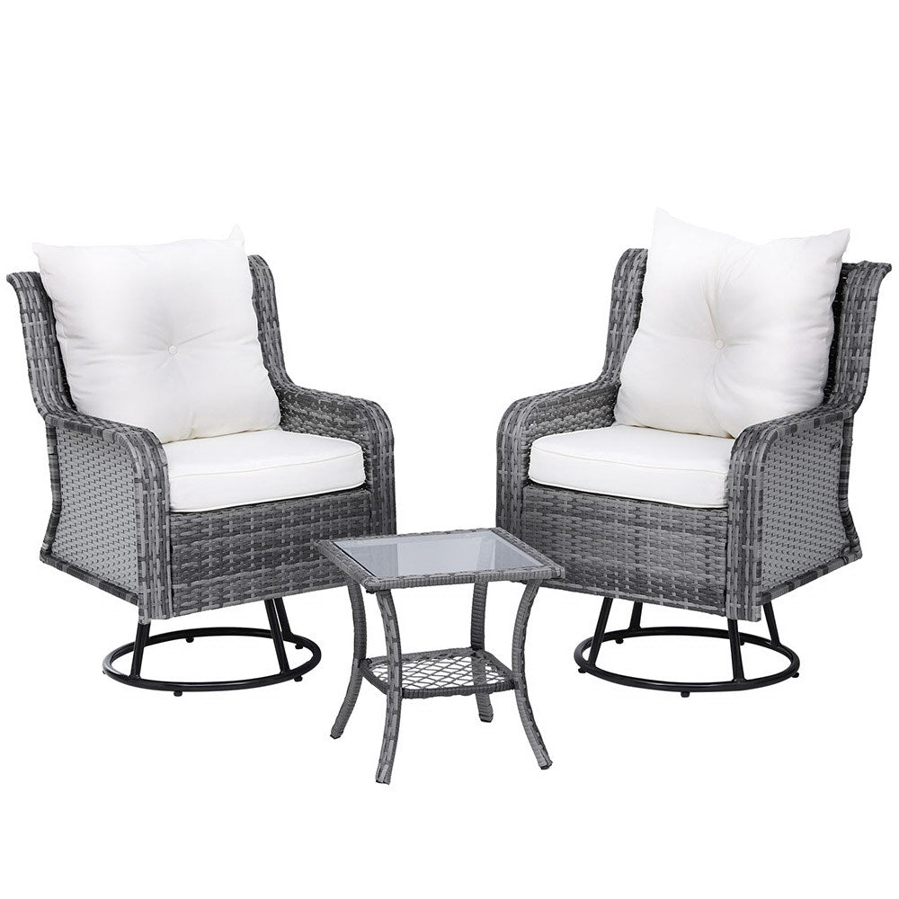 Gardeon 3PC Outdoor Furniture Bistro Set Lounge Wicker Swivel Chairs Table Cushion Grey Chez Guru