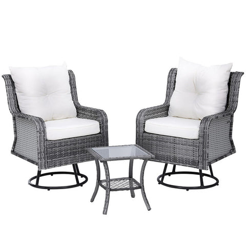 Gardeon 3PC Outdoor Furniture Bistro Set Lounge Wicker Swivel Chairs Table Cushion Grey Chez Guru