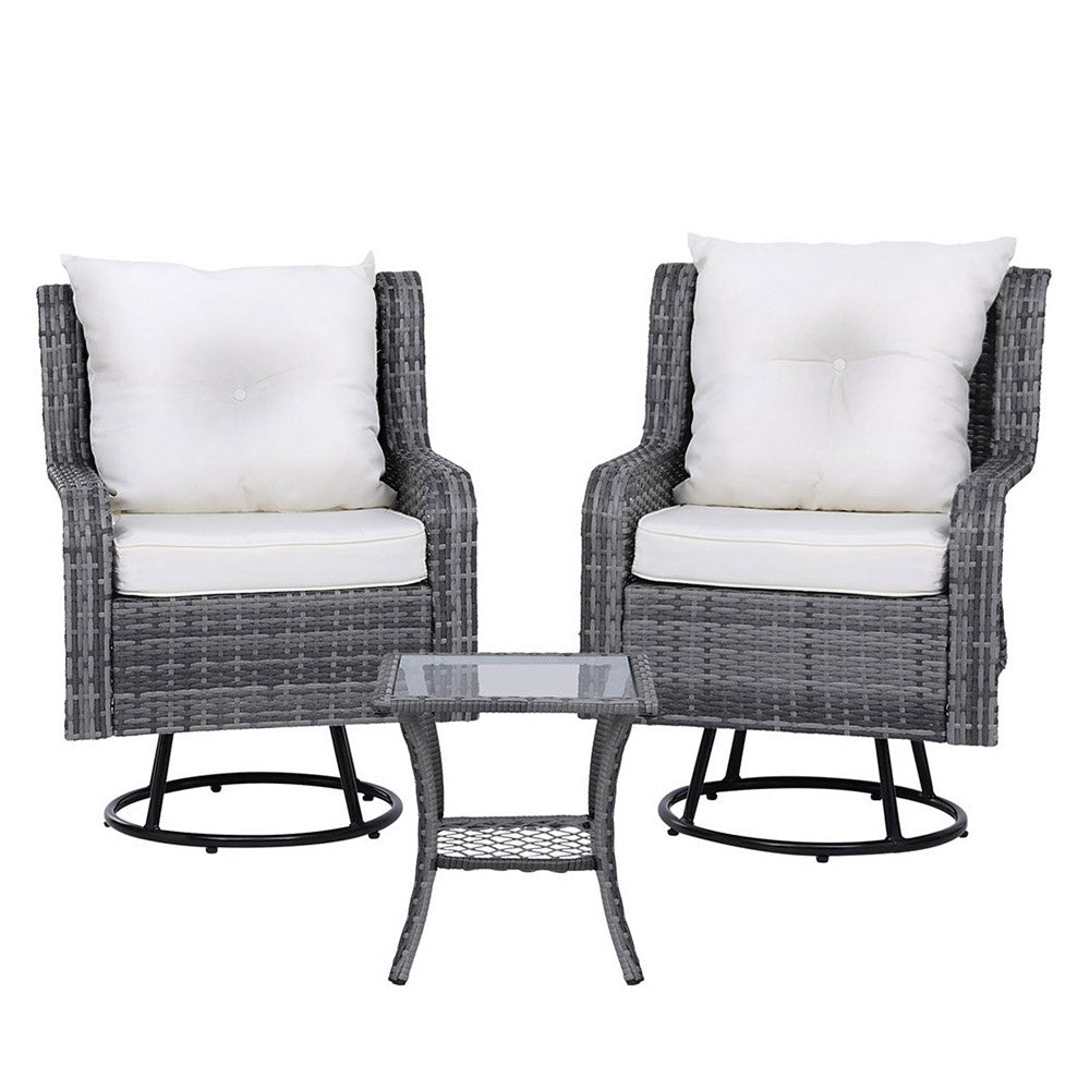Gardeon 3PC Outdoor Furniture Bistro Set Lounge Wicker Swivel Chairs Table Cushion Grey Chez Guru