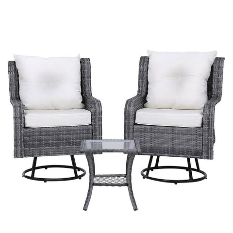 Gardeon 3PC Outdoor Furniture Bistro Set Lounge Wicker Swivel Chairs Table Cushion Grey Chez Guru