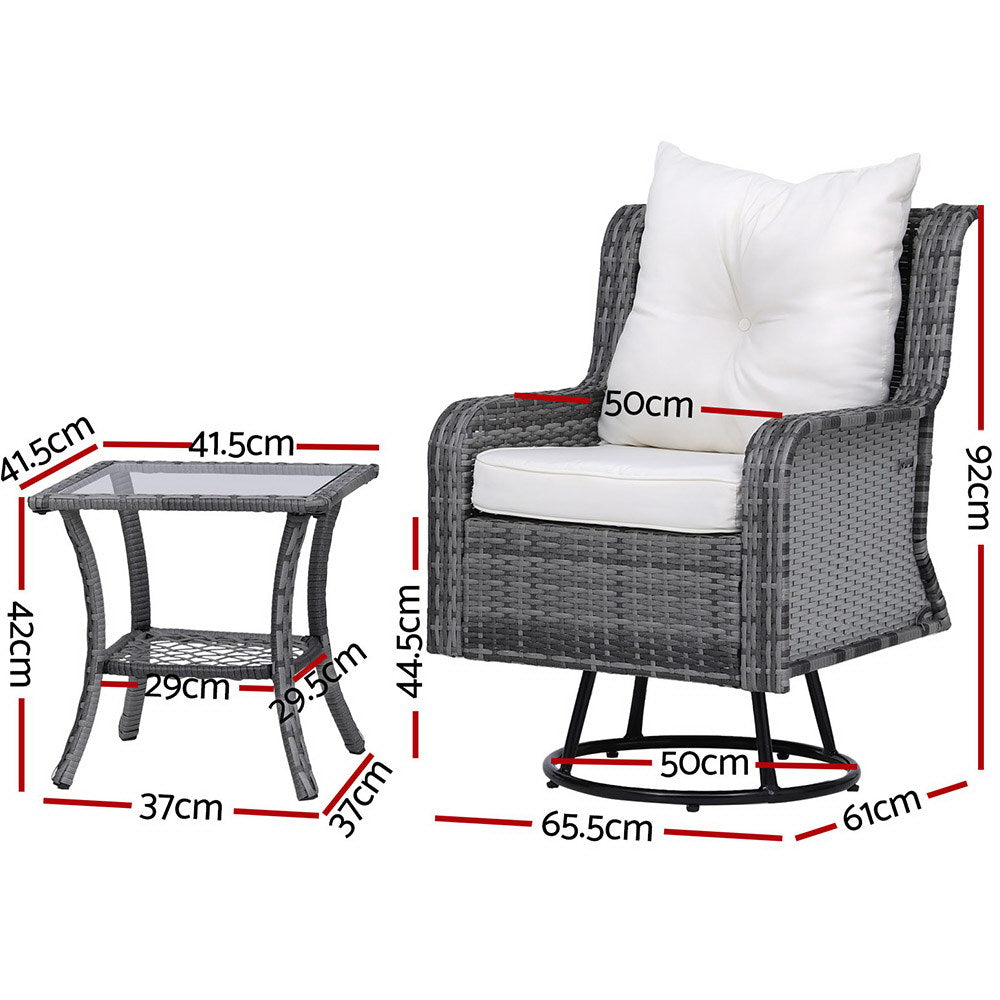 Gardeon 3PC Outdoor Furniture Bistro Set Lounge Wicker Swivel Chairs Table Cushion Grey Chez Guru
