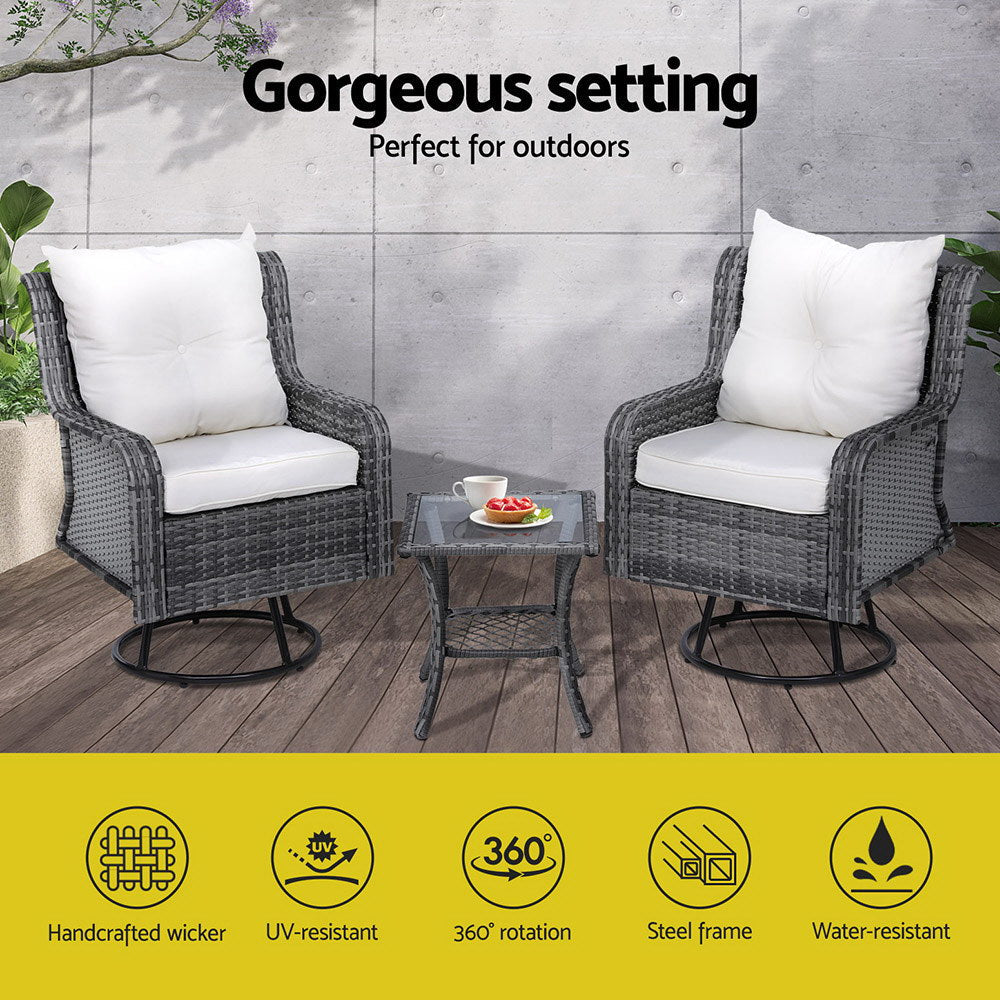 Gardeon 3PC Outdoor Furniture Bistro Set Lounge Wicker Swivel Chairs Table Cushion Grey Chez Guru
