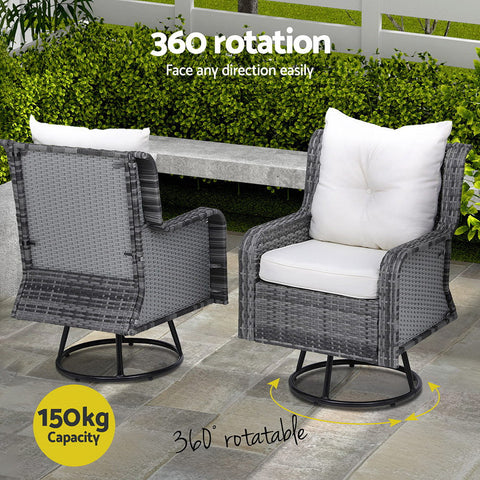 Gardeon 3PC Outdoor Furniture Bistro Set Lounge Wicker Swivel Chairs Table Cushion Grey Chez Guru