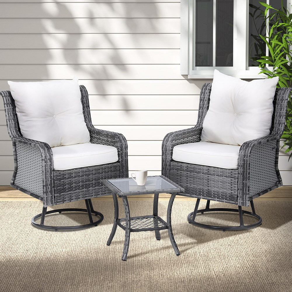 Gardeon 3PC Outdoor Furniture Bistro Set Lounge Wicker Swivel Chairs Table Cushion Grey Chez Guru