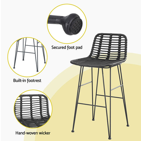 Gardeon 2x Outdoor Bar Stools Rattan Black Chez Guru