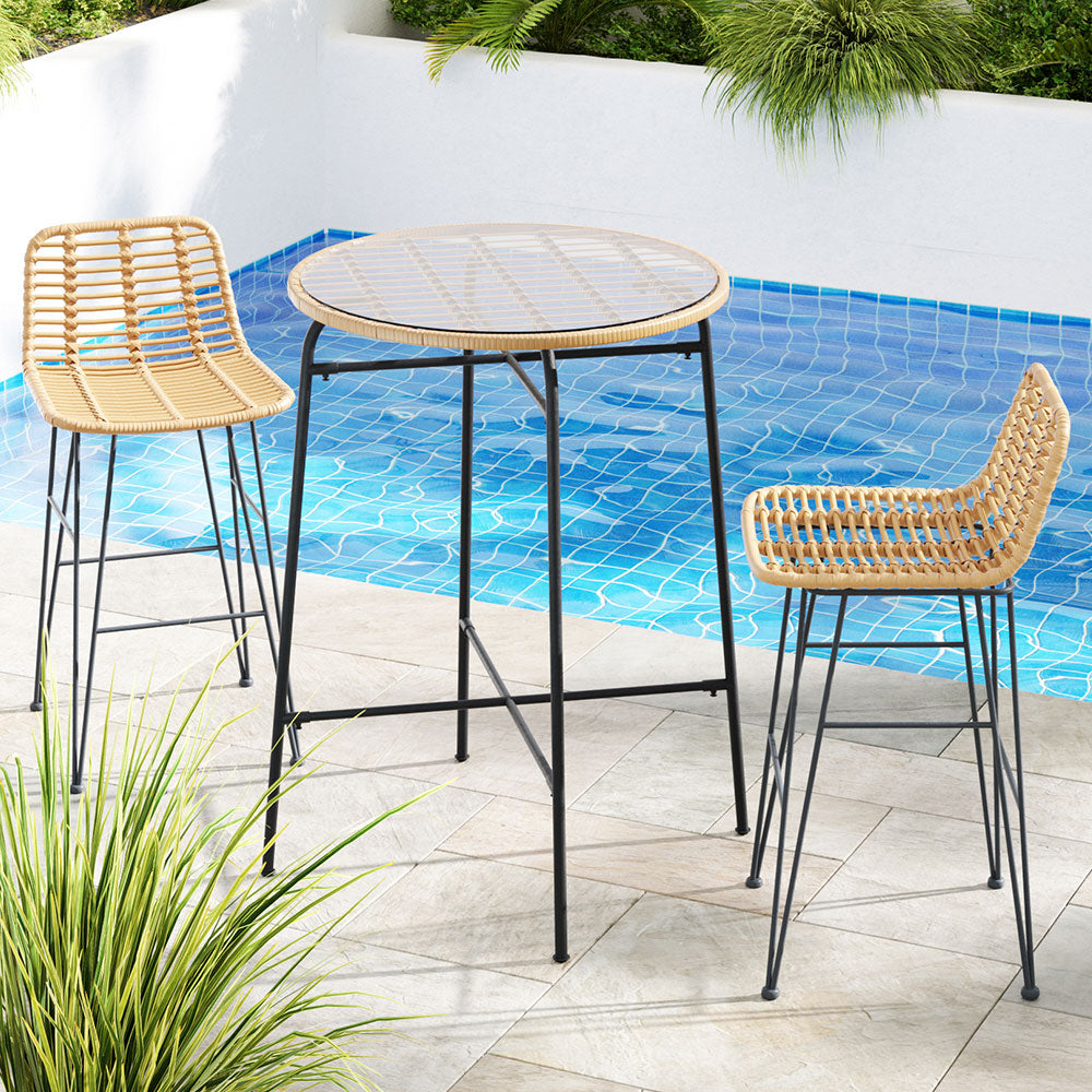 Gardeon 3-Piece Outdoor Bar Set Wicker Table Chairs Patio Bistro Chez Guru