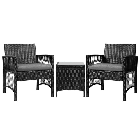 Gardeon 3PC Outdoor Bistro Set Patio Furniture Wicker Dining Chairs Table Cushion Black Chez Guru