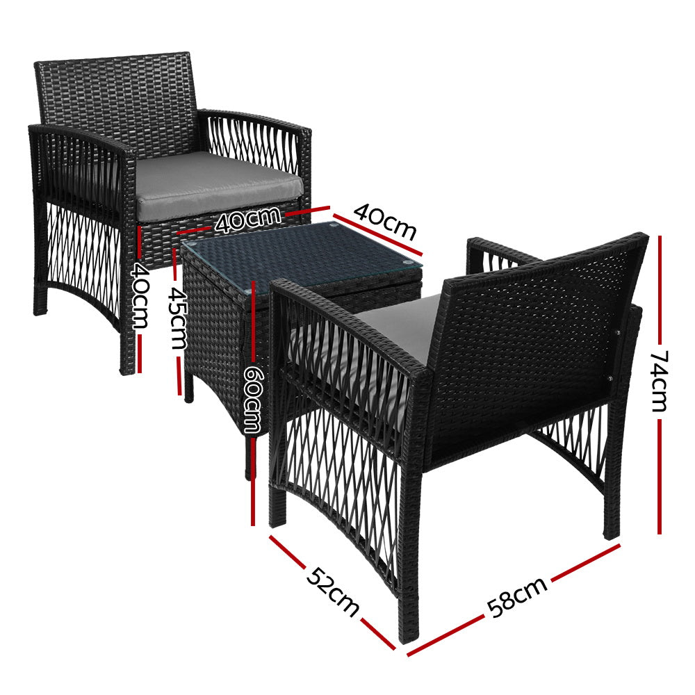 Gardeon 3PC Outdoor Bistro Set Patio Furniture Wicker Dining Chairs Table Cushion Black Chez Guru