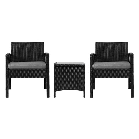 Gardeon 3PC Outdoor Bistro Set Patio Furniture Wicker Dining Chairs Table Cushion Black Chez Guru