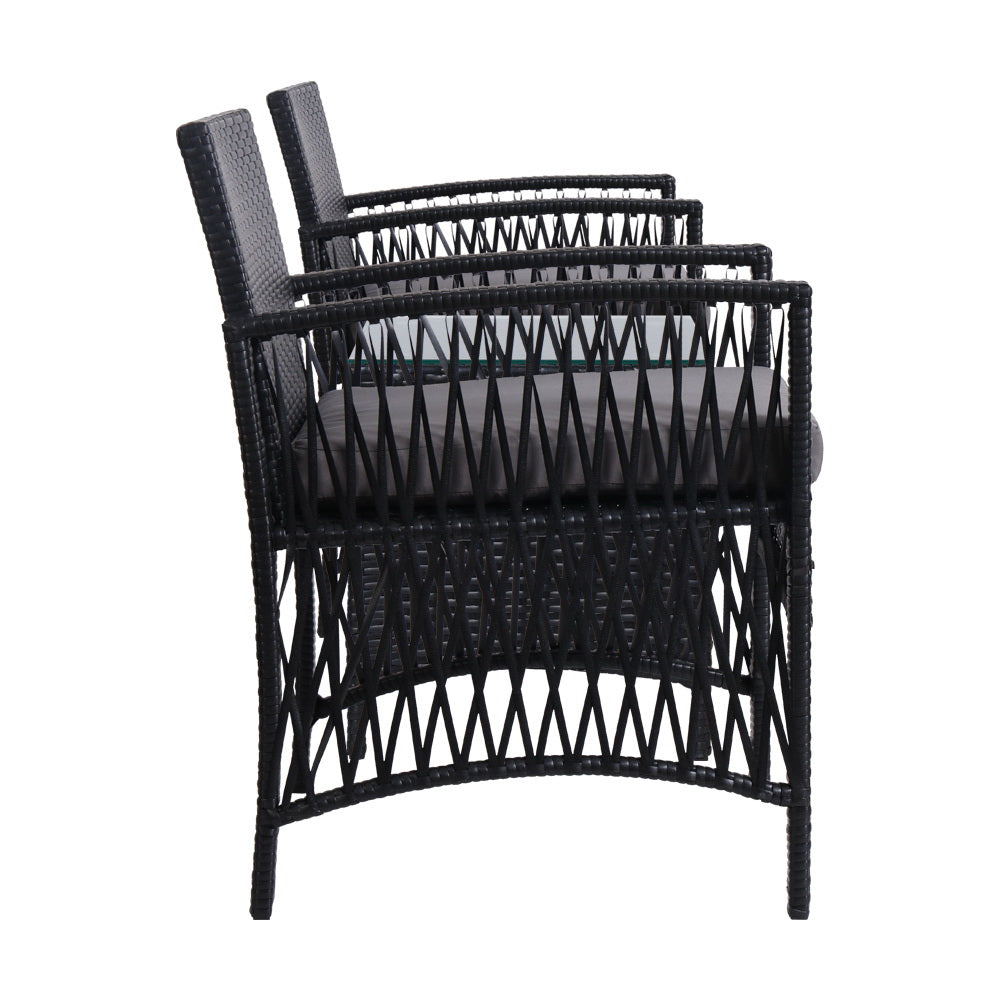 Gardeon 3PC Outdoor Bistro Set Patio Furniture Wicker Dining Chairs Table Cushion Black Chez Guru